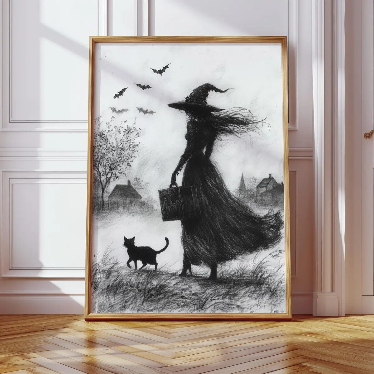 Dark Cottagecore Halloween Poster, Witch & Black Cat Print, Room Decor Unframed