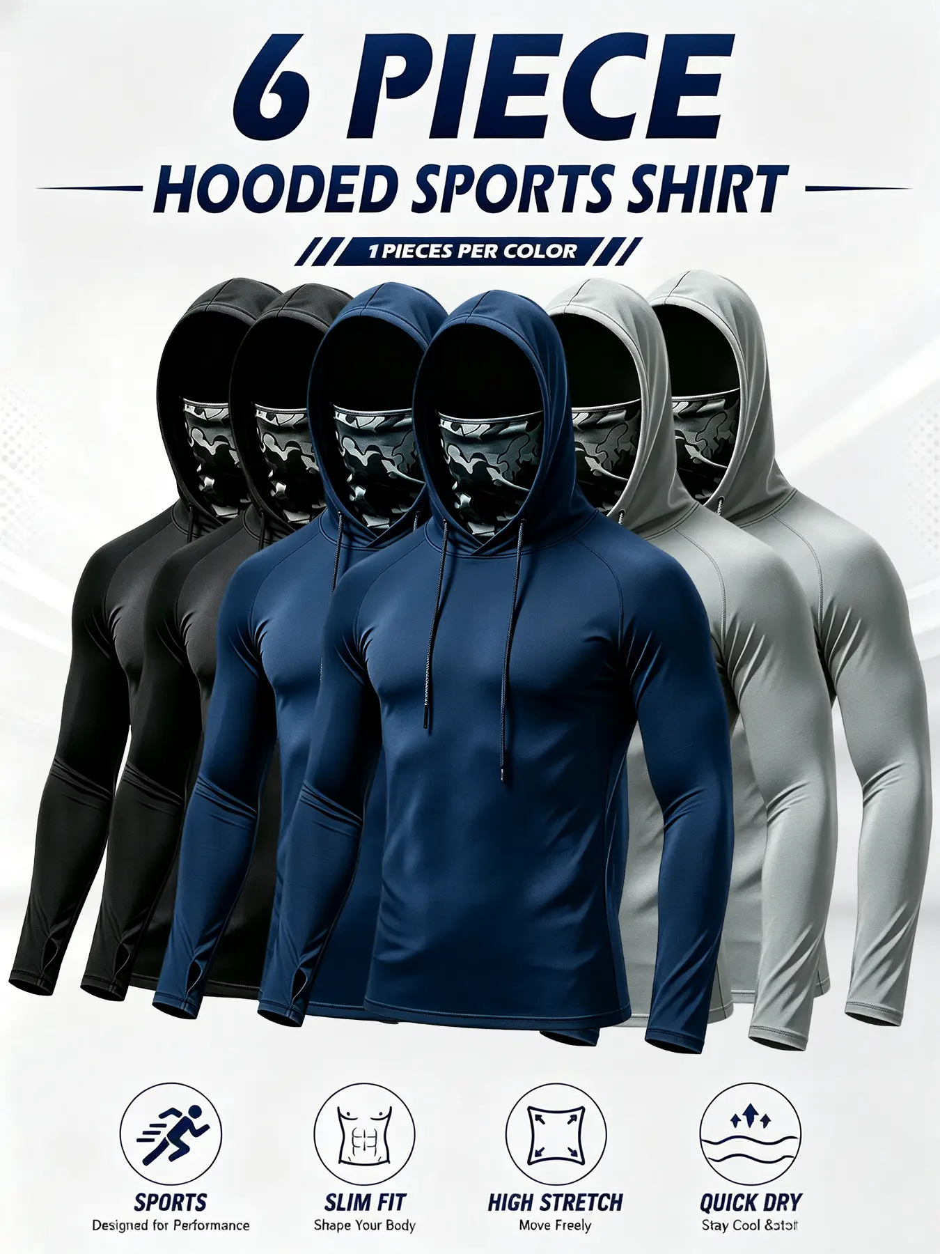 6/3 Pack Men's Sun Protection Long Sleeve Hooded Shirts, 4-Way Stretch Quick Dry Compression Work Shirt with Built-in Face Mask & Neck Gaiter, UV Protection for Fishing Cycling Gardening Outdoor Work Dry Fit Active