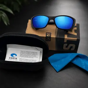 Costa Del Mar Fisch Men's Polarized Sunglasses Matte Black Frame Blue Mirror 580P Lenses Fishing Boating Outdoor Sports Eyewear