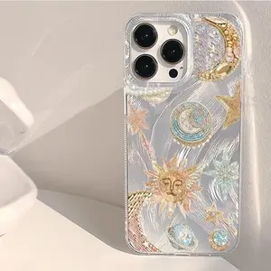 Embroidered Star Moon Pattern Phone Case, Soft Protective Cover, Accessories for iPhone 17, 16pro, 15, 14, 13, 12, 11 Pro Max, Gift for Friends or Partner