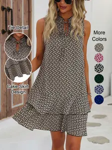Women's Geometric Print Bow Sleeveless Spring Short Dress, Casual Fitted Multi-Layered Woven Dress for All-Seasons Wear