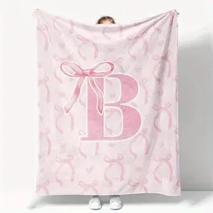 Pink Ribbon Baby Blanket Custom Embroidered Initial Ultra Soft Flannel Fabric Christening Gift Idea First Birthday Memory Keepsake For Girls