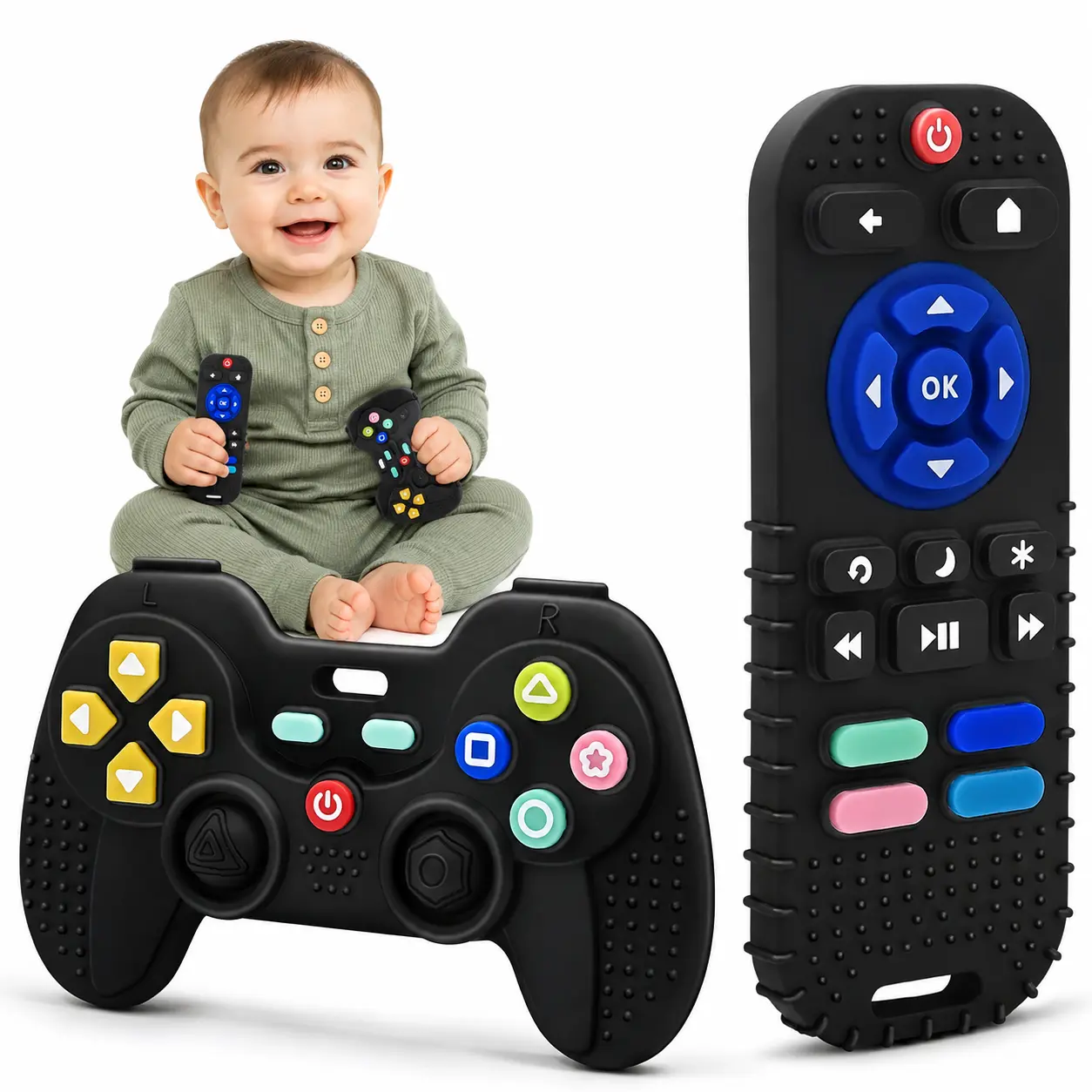 Silicone Baby Teething Toys Remote-Shape & Game Controller Teether with Pacifier Clip BPA-Free for Babies 3+ Months Frozen Black & Beige - Pacifierclip