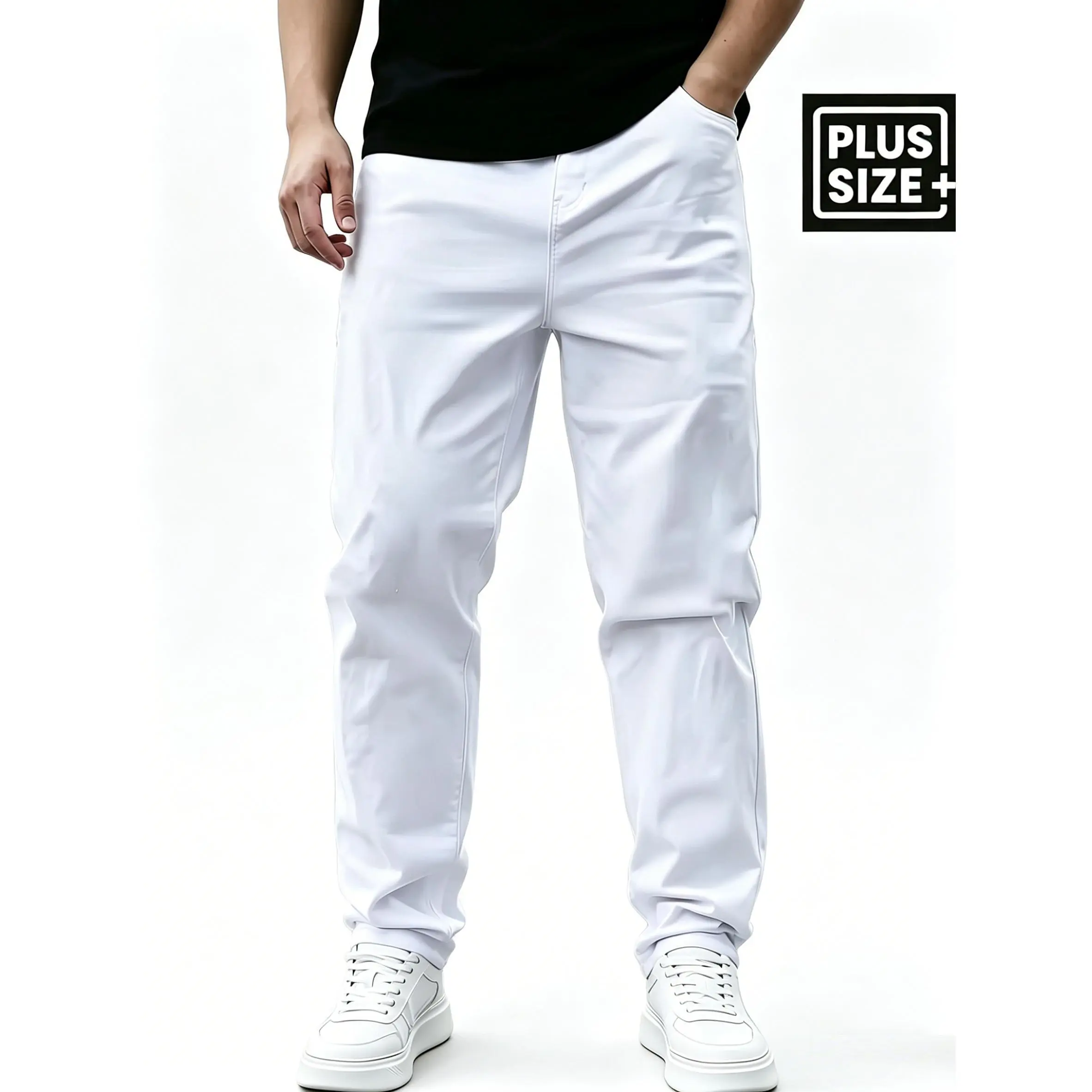 Men's Casual Loose Fit Pleated Jeans, Retro Style Cotton Denim, Full Length Casual Streetwear Trousers with Pockets, Plain