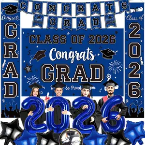2026 Graduation Decorations Set Class of 2026 - Blue and Black Graduation Decorations Include Congrats Grad Backdrop, Banner, Hanging Porch Sign,Foil Balloons for High School College Graduation Party