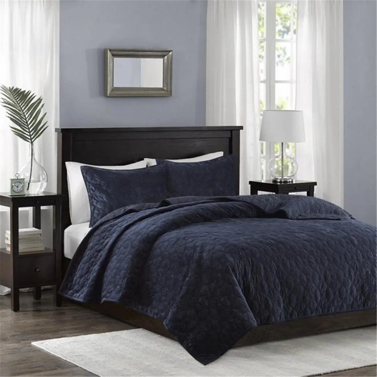 212 MAIN Madison Park Harper Velvet 3-Piece Coverlet Set - Velvet Fabric, Geometric Stitch, Quilted Look, King & California King Size Bed Fit, Navy