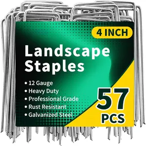 57 Pack 4 Inch Galvanized U-Shaped Garden Stakes Landscape Staples, 12 Gauge Heavy Duty Tent Stakes Ground Yard Lawn Pins for Landscaping, Weed Barrier Fabric, Fencing, Outdoor Decor