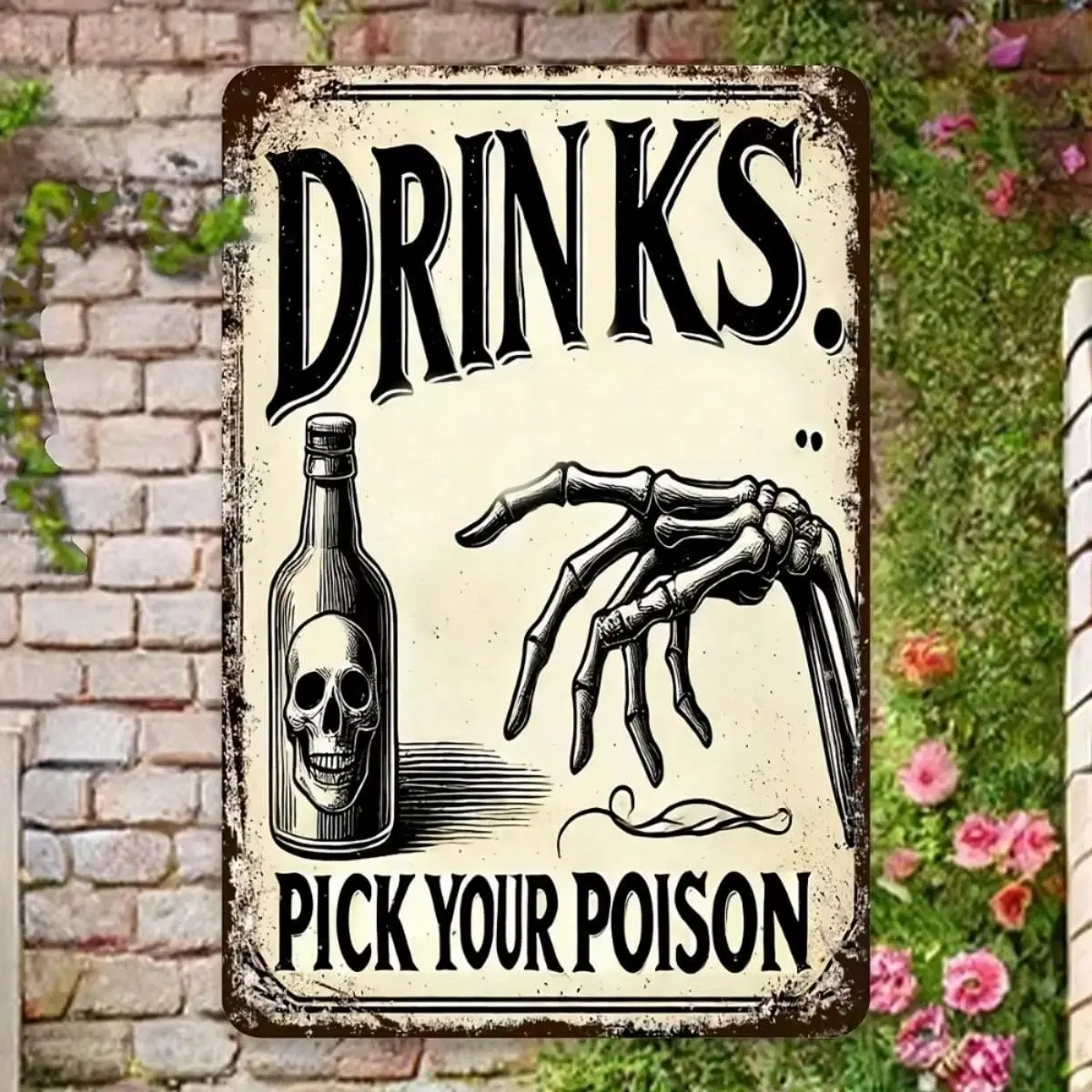 Vintage Aluminium Halloween Theme Decorative Wall Sign with Print, Classic Halloween Pick Your Poison Potion Drink Bar Plaque for Dining Area, Garage Home Decor