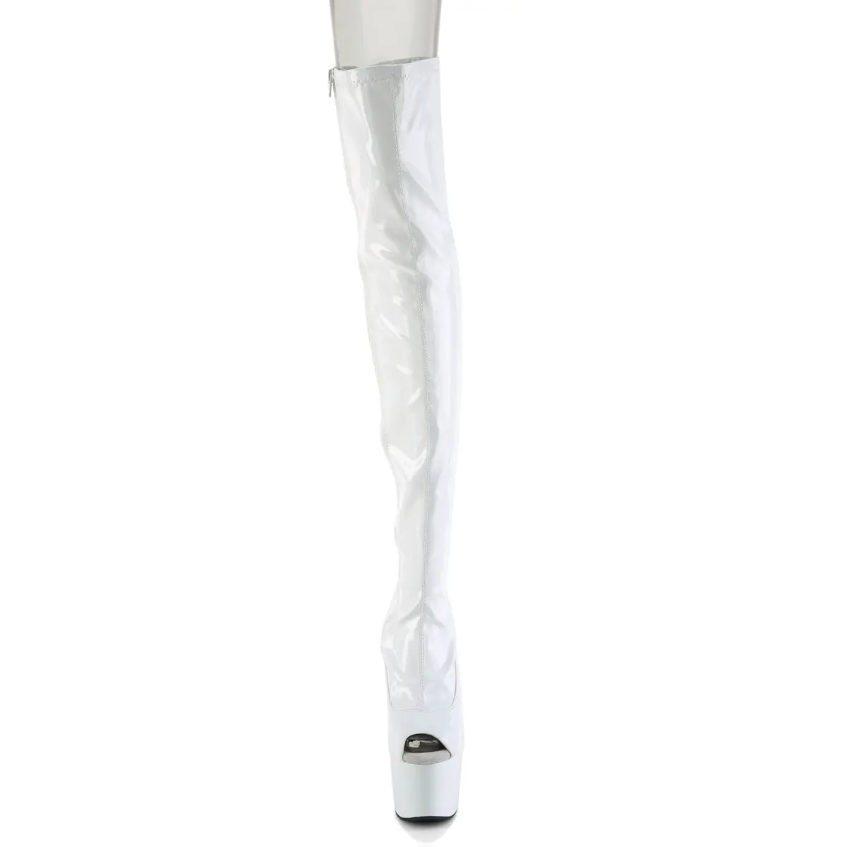White Holographic Thigh High Boots, Peep Toe Stretch Footwear with a 7-Inch Stiletto Heel, 2.75-Inch Platform and Inner Zip Closure