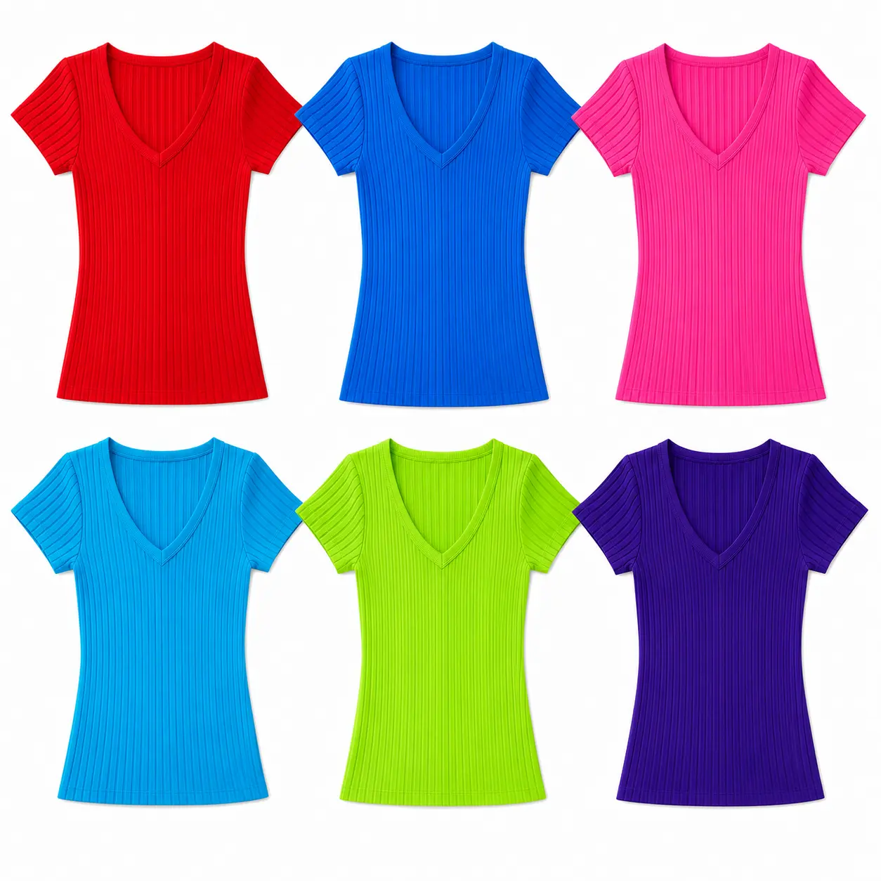 6PC Women's Ribbed Knit V-Neck T-Shirts, 6 Pack, Short Sleeve, Slim Fit, Soft & Stretchy, One Size Fits Most 9202