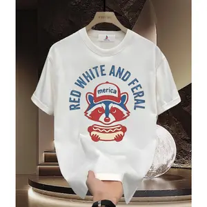 Women's Casual Round Neck Oversized Short-Sleeve T-Shirt Top - Soft Cotton, Feral Raccoon Hot Dog Graphic, Loose Streetwear Clothes, 4th of July Merica Patriotic Vintage, Blue Red Striped 2-Piece Option, Raccoon Lovers' Gift, Summer Outdoor
