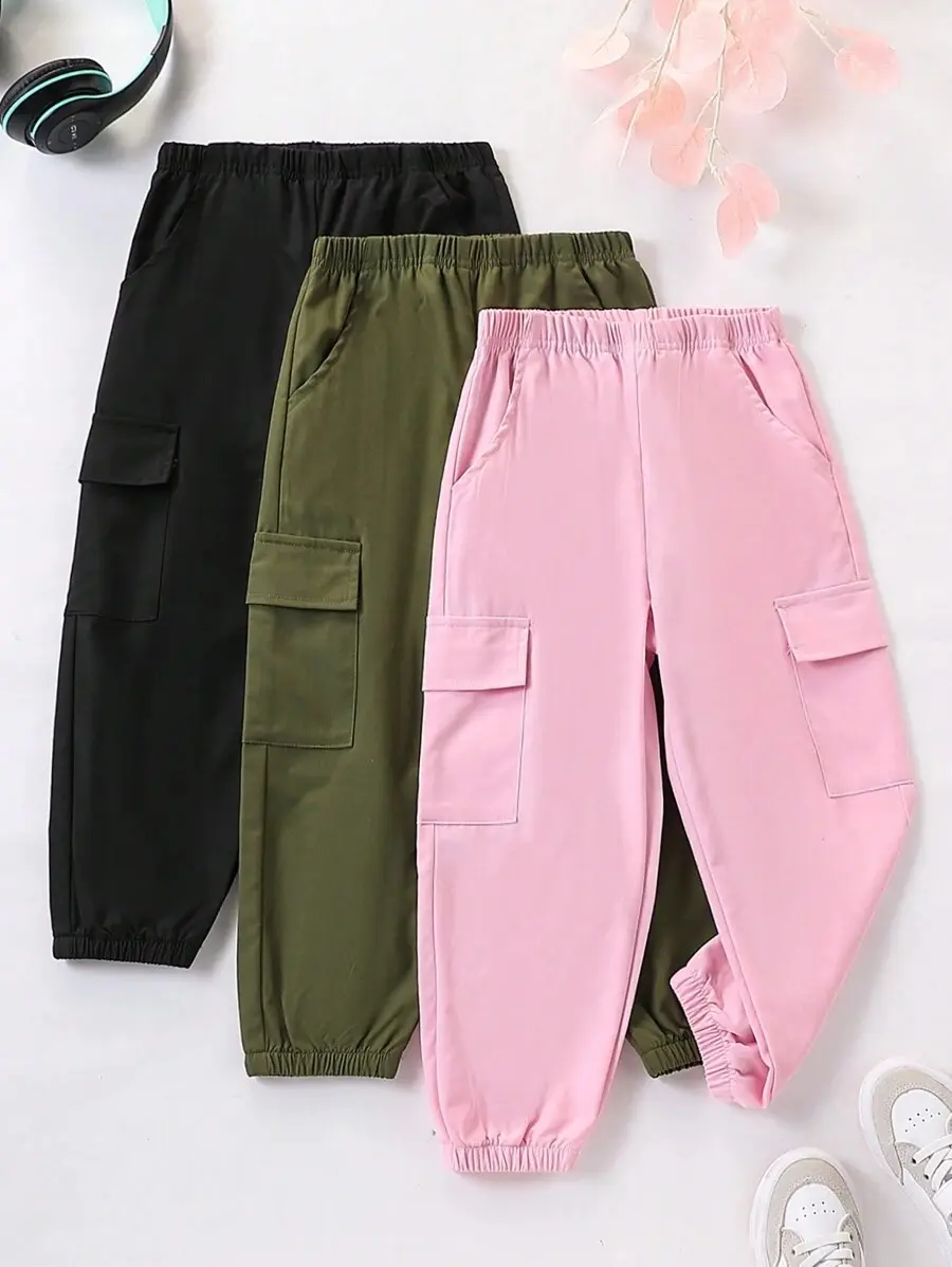 Young Girl Solid Color Elastic Waist Cargo Pocket Drawstring Loose Casual Long Pants, School, Campus, College