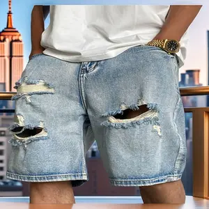 Men's Summer Streetwear Denim Shorts - Loose Fit Mid-Rise Casual with Distressed Details, Frayed Hem & Functional Pockets | Non-Stretch Fabric for Urban Outings