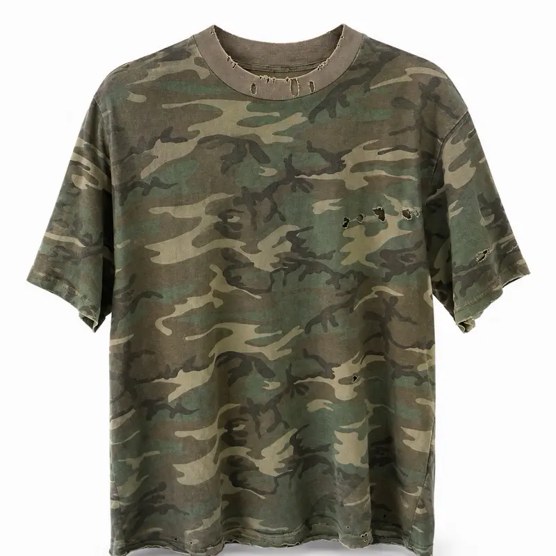Camo Distressed T-Shirt Men's - Classic Fit, Short Sleeve, Round Neck, Casual Style, Available in Multiple Colors