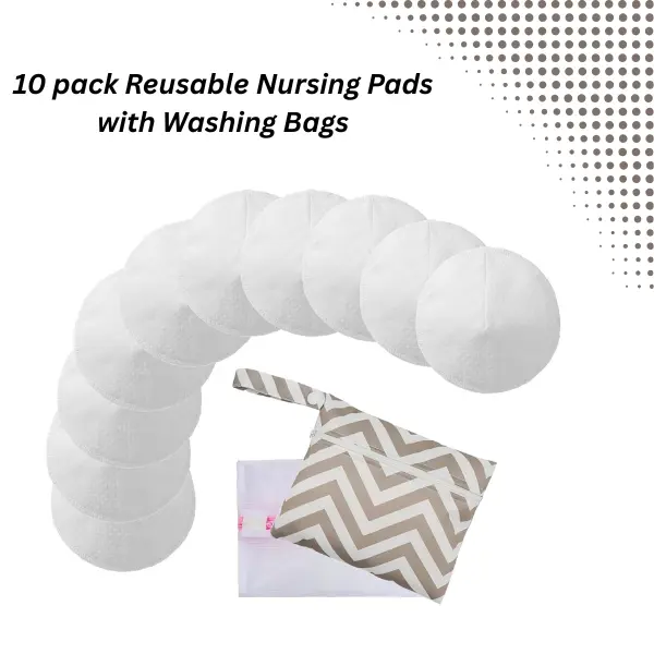 Reusable Bamboo Nursing Pads 10-Pack with Wash Bag – Organic Breastfeeding Pads, Washable Maternity Nipple Pads, Anti-Slip 3-Layer L 4.72”