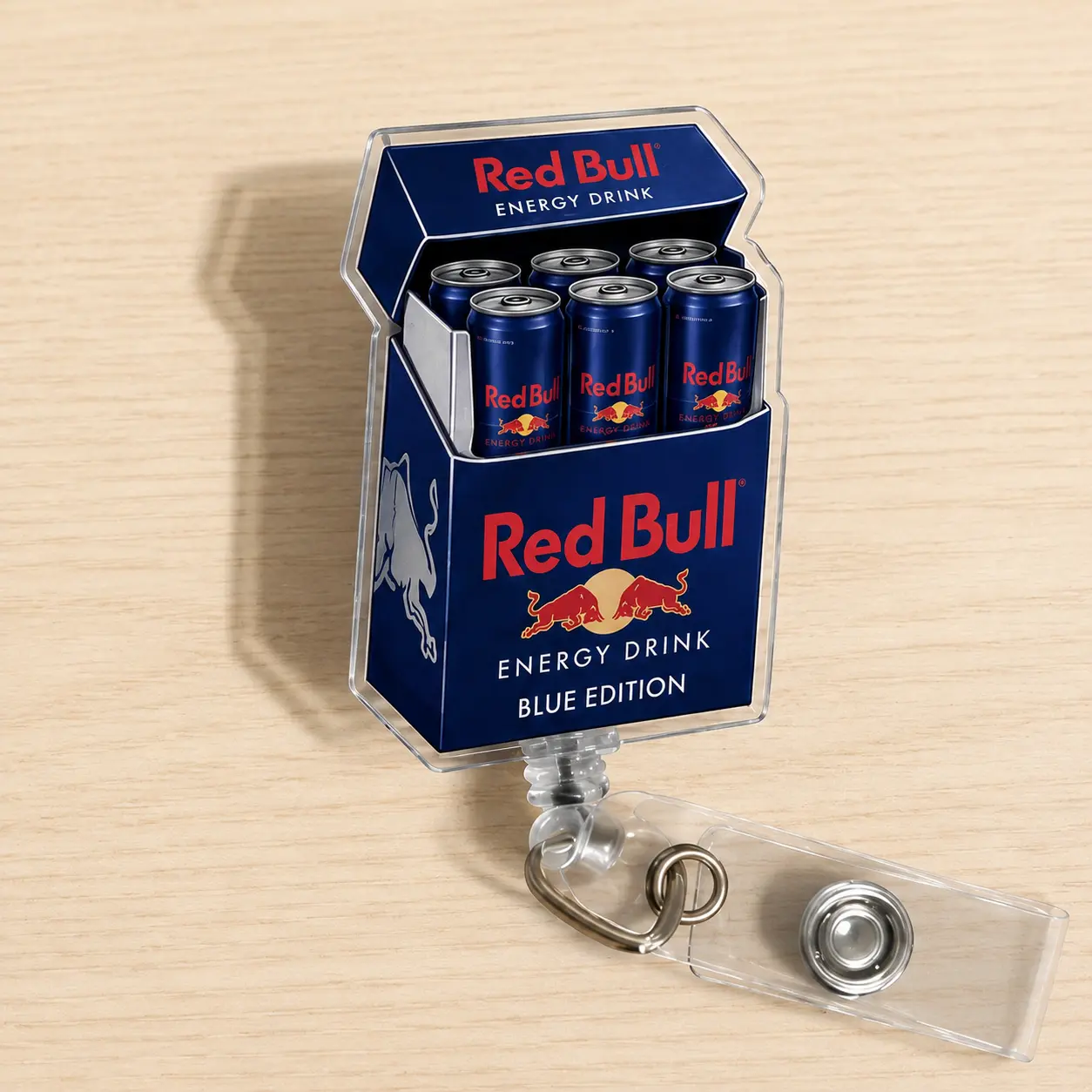 Funny Red Bull Badge Reel, Custom Cigarette Pack Parody Acrylic ID Holder, Sarcastic Soda Lover Gift for Nurse Teacher, Card Clip