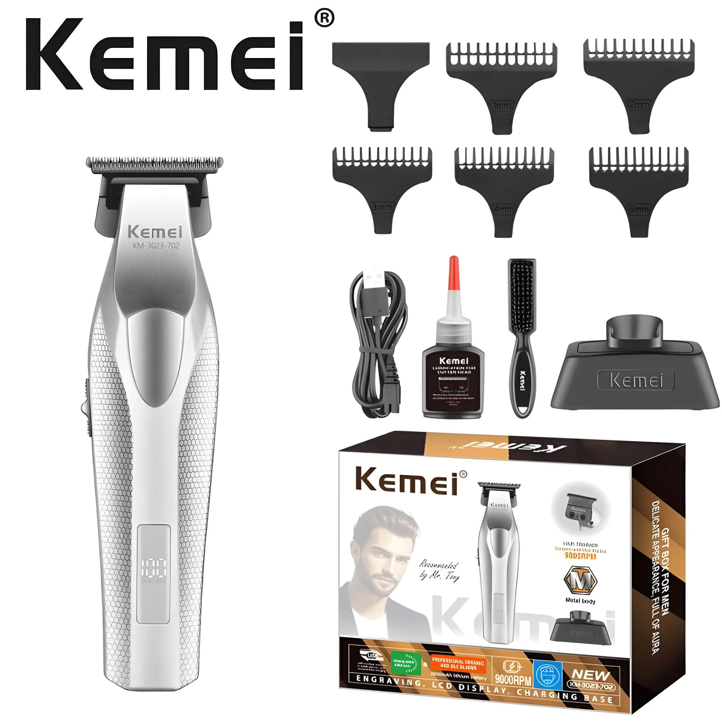 Kemei Full Metal Hair Clipper, Rechargeable Cordless Clippers, Precision Trimming at Home, 9000rpm High-Speed Motor, Smooth Cutting, Clean Shave Style, Cordless Trimmer