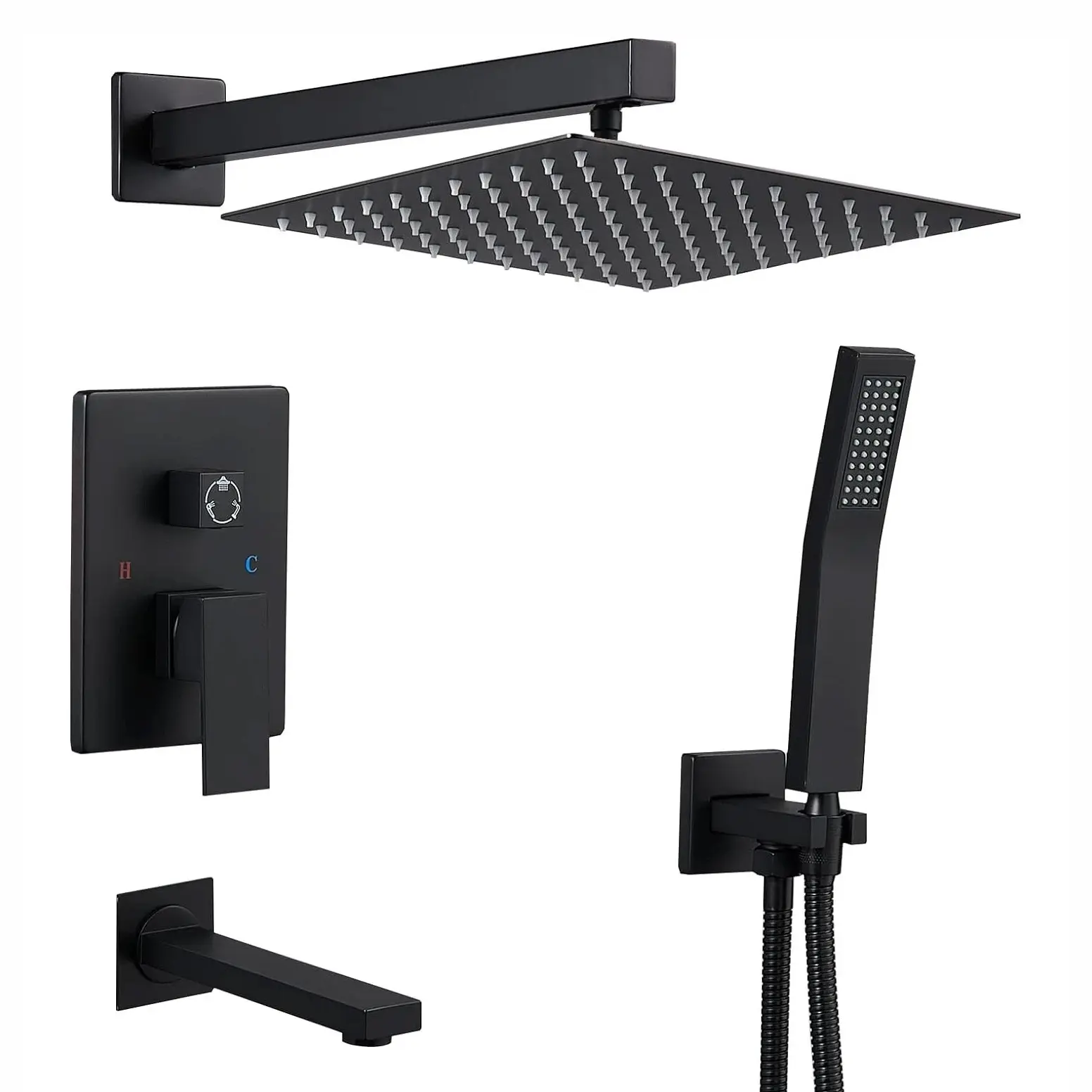 12" Matte Black High Pressure Solid Brass Wall Mount Rainfall Shower Head Combo Set - 3-Way Function Bathroom Faucet Kit with Tub Spout, Mixer Tap (High Pressure & Matte Black Bath & Shower Systems), Rain Shower Head, Square Head