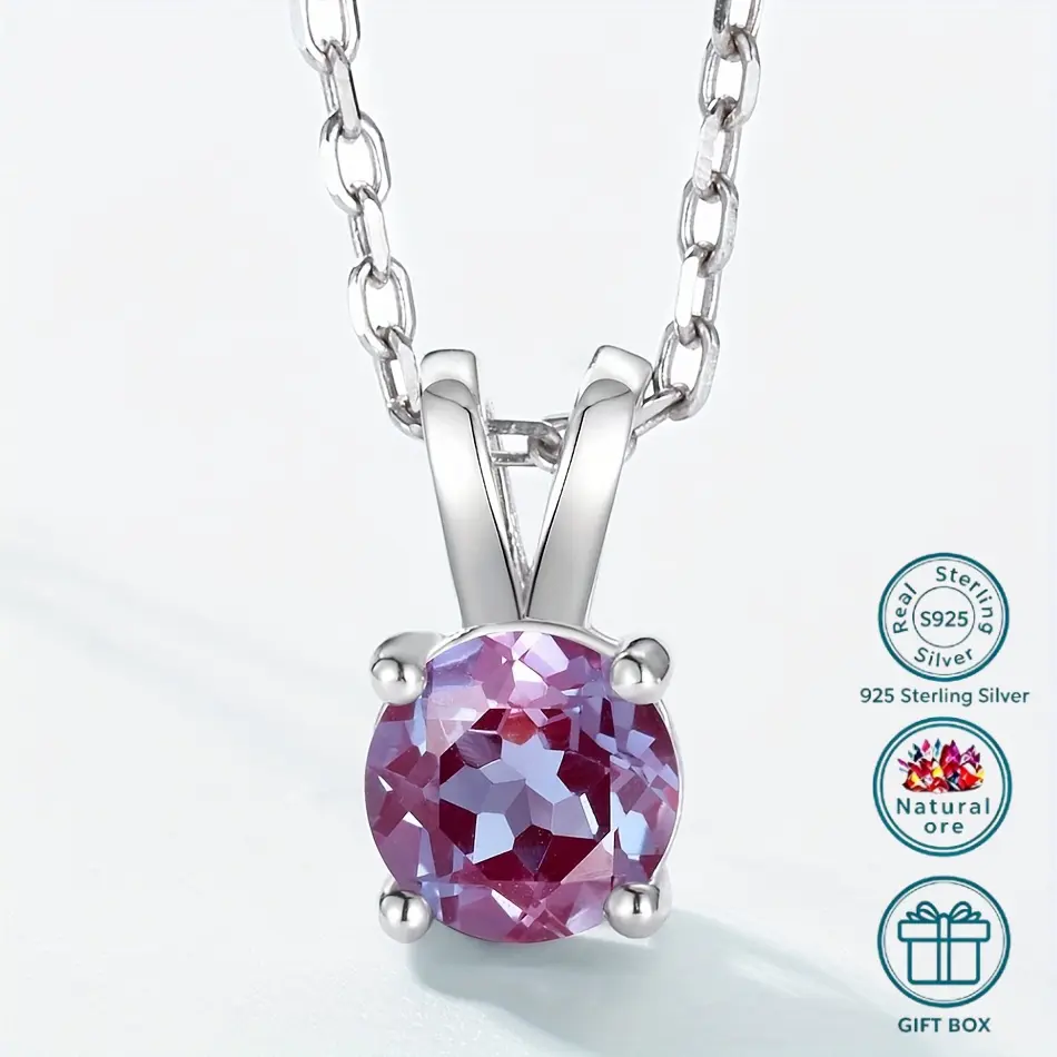 Vintage Alexandrite Pendant Necklace in S925 Sterling Silver, Elegant 5x5mm Round Gem for Women, Adjustable 15.75-19.69 Inch Chain for Engagement or Banquet Gifting, 5*5Mm Round Gem, 15.75Inch-19.69Inch, Wedding, Female, Yes, Fine Silver, No, Inlaid, No W
