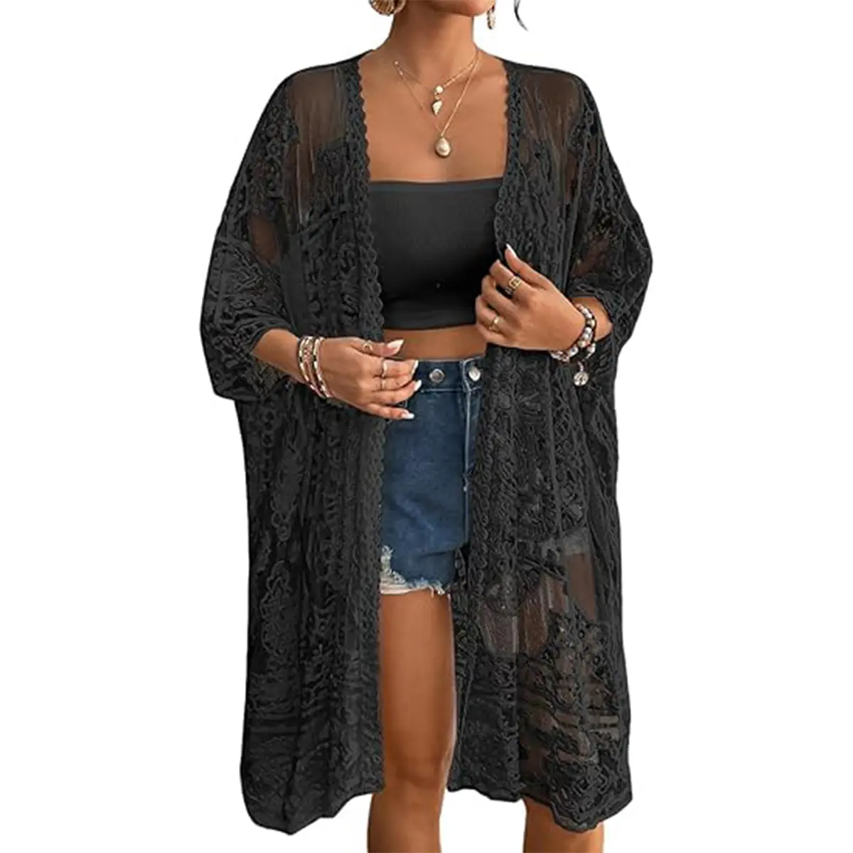 Bsubseach Women's Lace Kimono Cardigan, 2025 Open-Front Sheer Swim Cover Up, Bathing Suit Coverup for Beach Days, Swimsuit Cover Up, Loose Fit, Embroidered Lace, Casual Cover Up, Beach Cover Ups