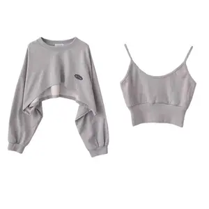 Casual Two-Piece Set: Cropped Drop-Shoulder Sweatshirt + Camisole Top - Perfect for Streetwear Looks & Laid-Back Hangouts