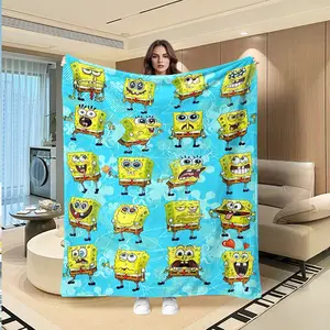 Creative Spongebob Print Flannel Blanket, Thanksgiving Valentine Christmas Gift, Holiday Decorative Throw, Sofa Bed Shawl, Travel Multi-Purpose Rug