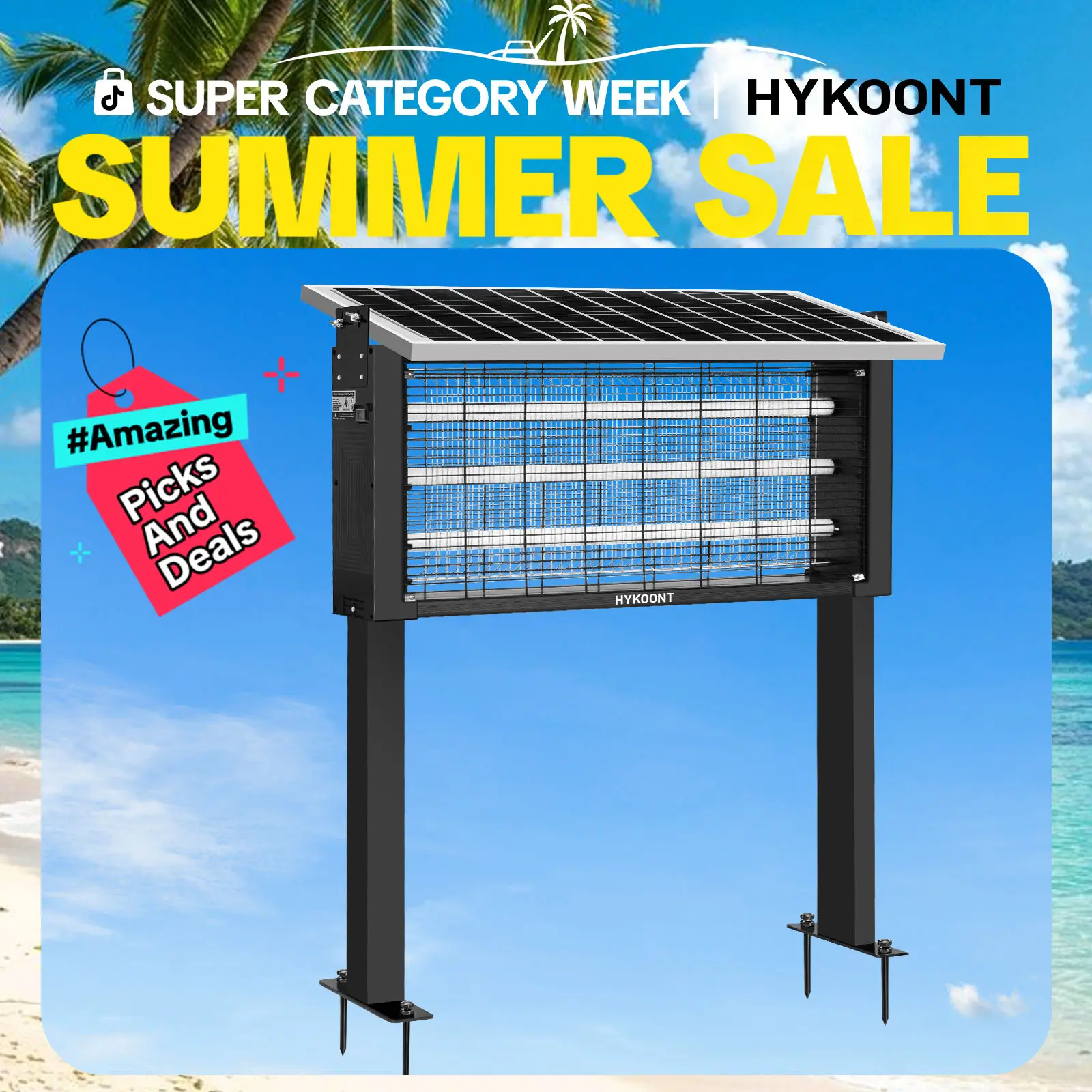 HYKOONT 30W Solar LED Rechargeable Bug Zapper - Triple-Tube, Dusk-to-Dawn, IPX4 Waterproof Outside Insect Killer for Summer Garden Control, Outside Bug Zapper, Rechargeable Mosquito Zapper summerwins,dorm essentials,home essentials