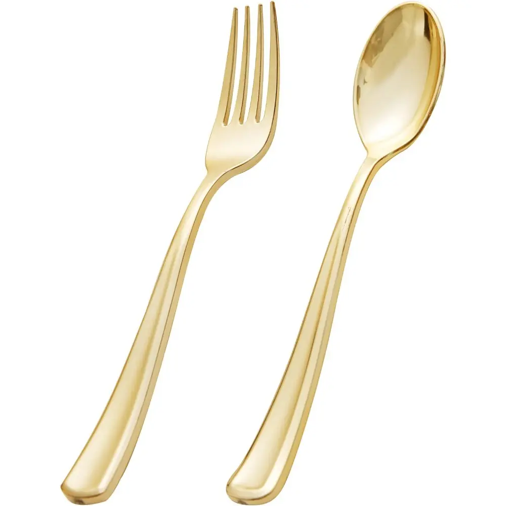 BPA-Free Heavy Duty Shiny Gold & Silver Plastic Cutlery Tableware Set - 200-Piece Disposable Utensils (100 Forks, 100 Spoons) Easy to Store for Christmas, Party Events