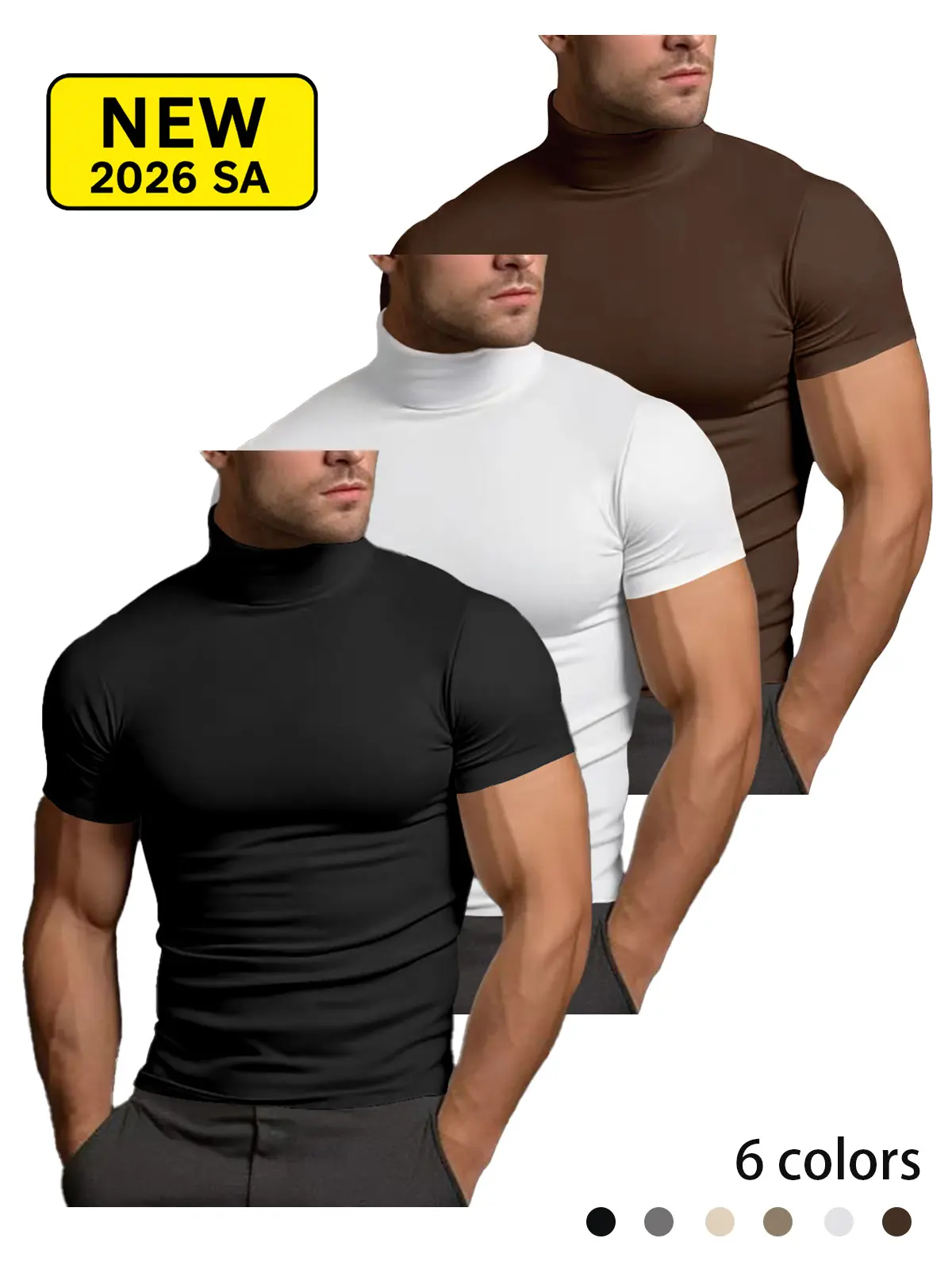 Men’s Mock Neck Short Sleeve T Shirt, Slim Fit Fitted Muscle Tee, Body Contour Base Layer Top for Gym Training, Summer Casual and Daily Wear