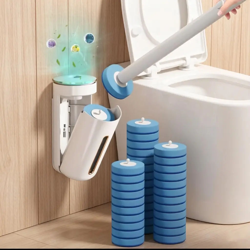 Rotatable Toilet Wand Kit with Self-Cleaning Disposable Pads - No Pre-Rinse, No Mess, No Odor - Wall-Mount Bathroom Cleaning Tool for Simplified Bathroom Hygiene