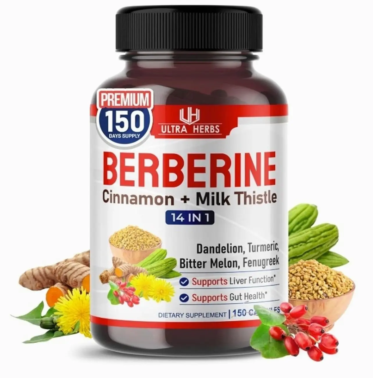 Ultra Herbs Premium Berberine with Cinnamon, Milk Thistle - Promotes Liver Function, Gut Health, Immunity (150 Count (Pack of 1))