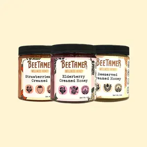 BeeTamer The Starter Flight Classic Sample Pack  3 Flavors 6oz Jars Includes Elderberry, Strawberry, and Beeserved creamed honeys Fruit