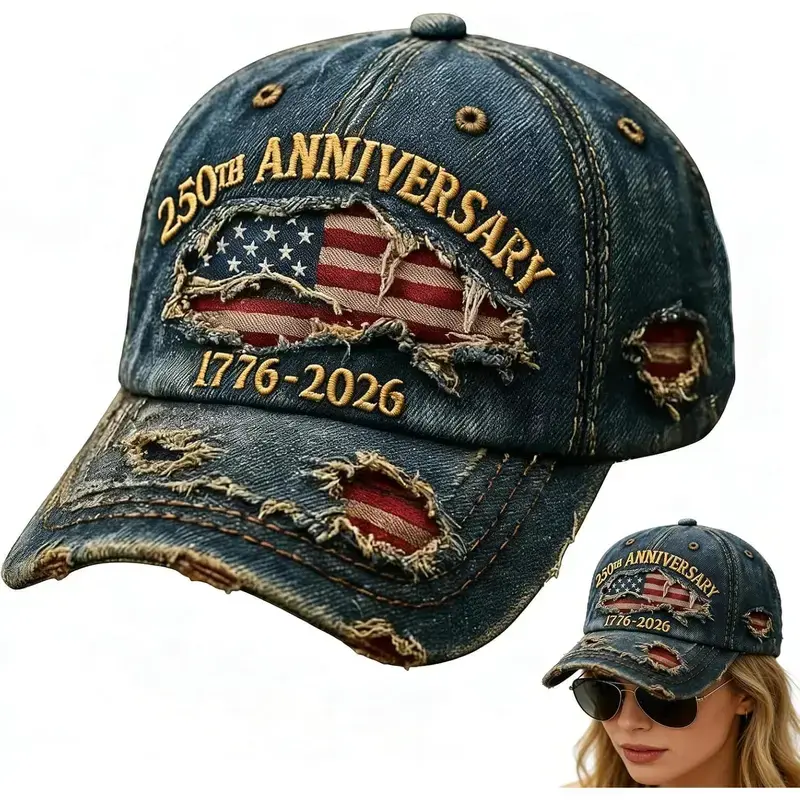 Unisex Distressed Denim Baseball Cap - American-Style Stars and Stripes Hat, USA 1776-2026 250th Anniversary Letter Graphic, UV Protection Casual Trucker, Hand Wash Only Patriot Tribute Gift