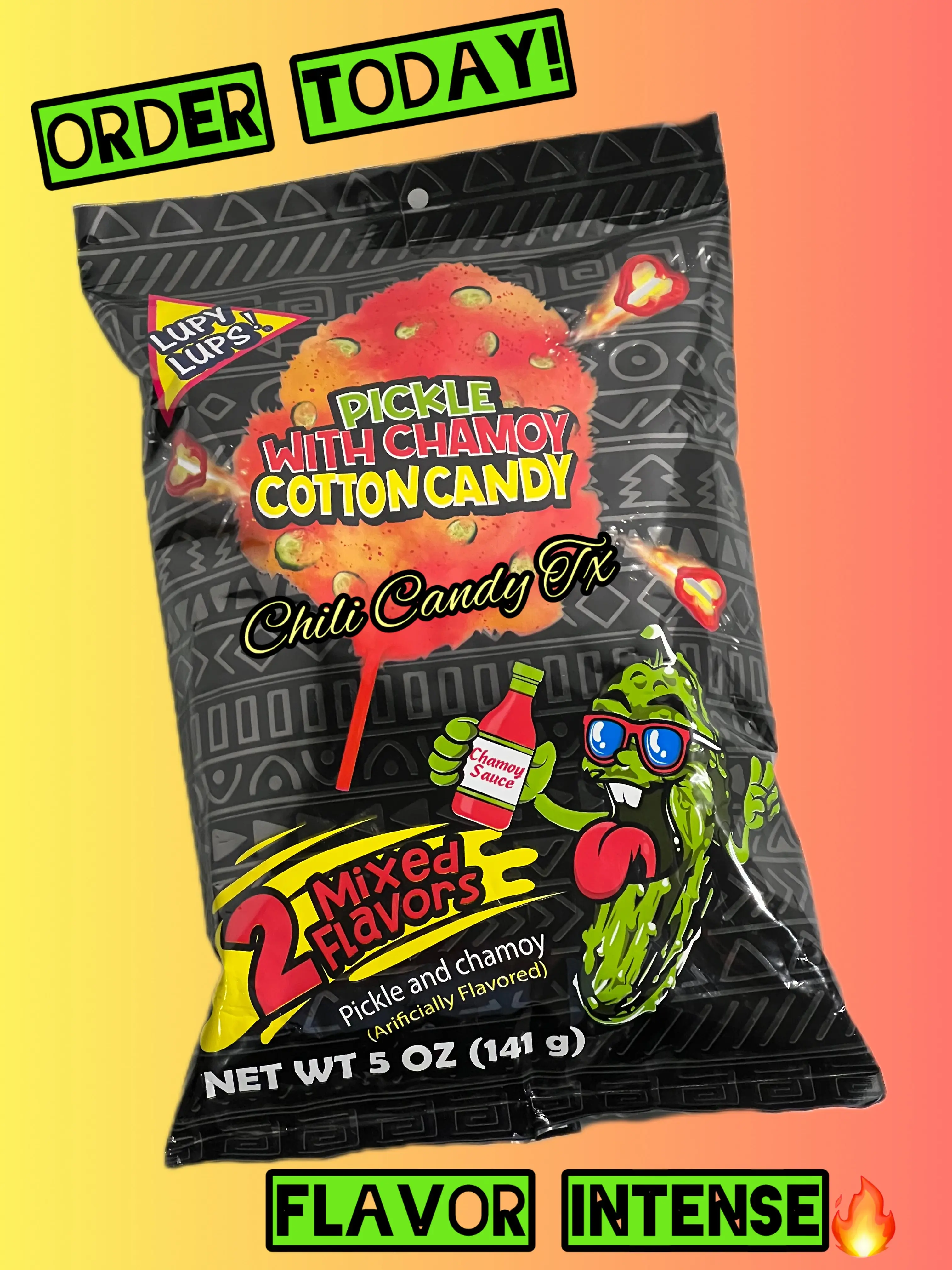 Lupy Lups Pickle with Chamoy Cotton Candy , Chili Candy Tx Snacks Bite Tasty