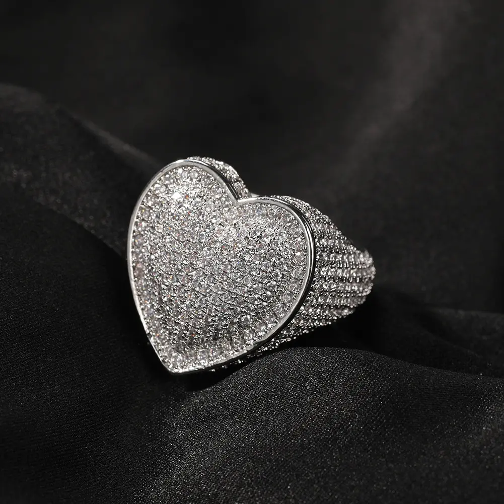 Women's Hip Hop Big Love Heart Pendant Ring - Copper Base Cubic Zirconia Ring, 3A Zircon Stones Dangling Charm, Size 6