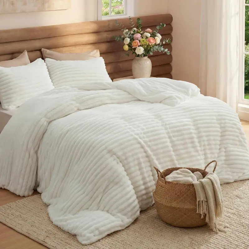 3-Piece GentleSoft Double-Side Fleece Fluffy White Queen Size Comforter Set, 2 Pillowcases, 90x90 Inches, Cozy Striped Luxury Home Bedding Decor, Home Supply, Three-Piece