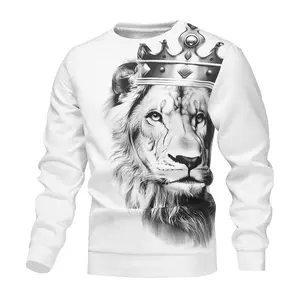 Men's Suitable Spring Crown Lion Print Pattern Pullover Crew Neck Sweatshirt Base Shirt, Stylish and Comfortable, For Outings and Parties, Men's Gift Long Sleeve