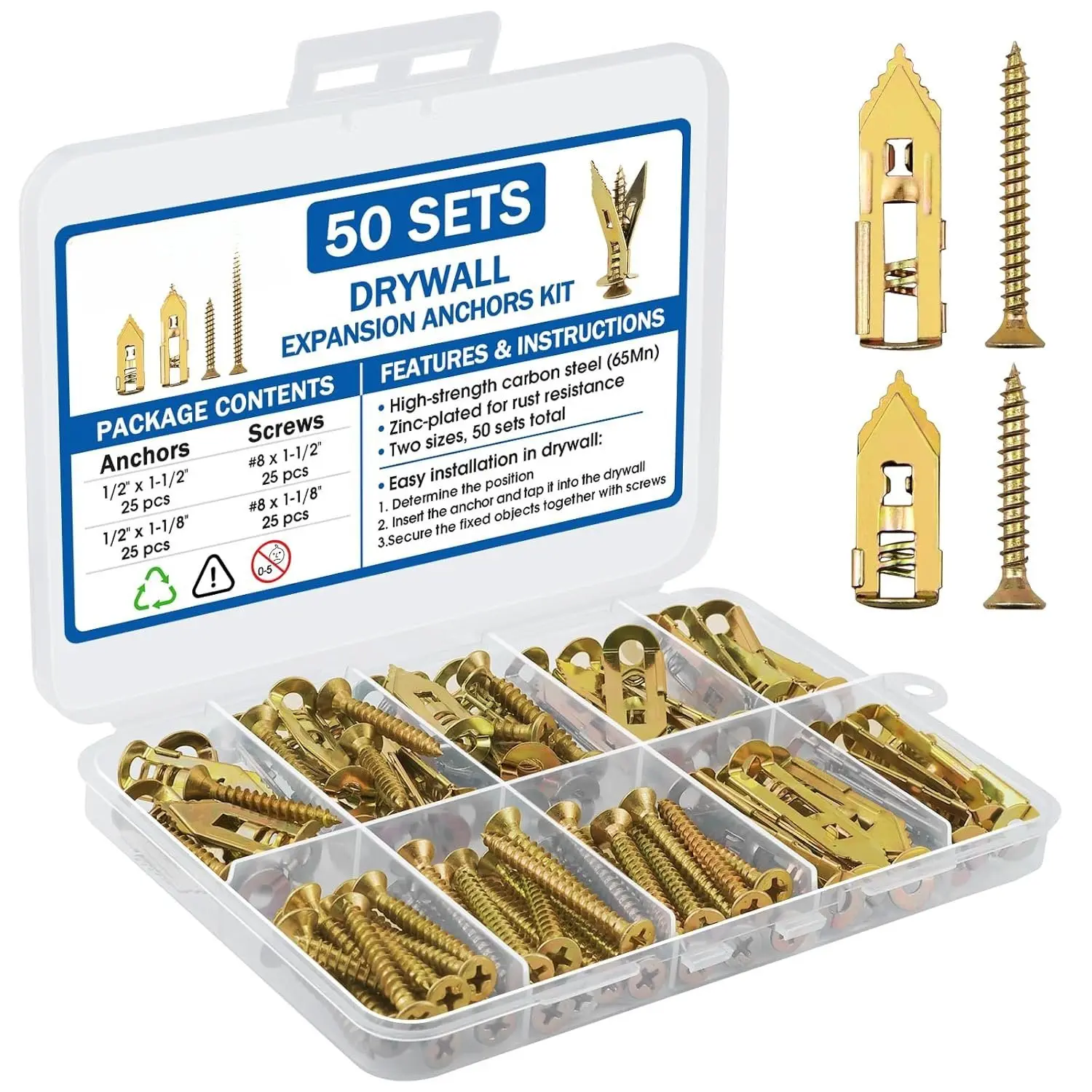 50 Sets Self Drilling Drywall Anchors with Screws  Heavy Duty Metal Expansion Wall Anchors Kit for Drywall & Sheetrock  Ideal for Hanging Shelves, Mirrors, Picture Frames and More