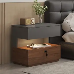 21.65" Floating Nightstand with Motion-Activated LED Light & Lockable Drawer, Modern Grey & Walnut Night Stand with Open Storage Shelf, Bedside Table with 2-Tier Drawer, Mid Century Bedroom Side Table
