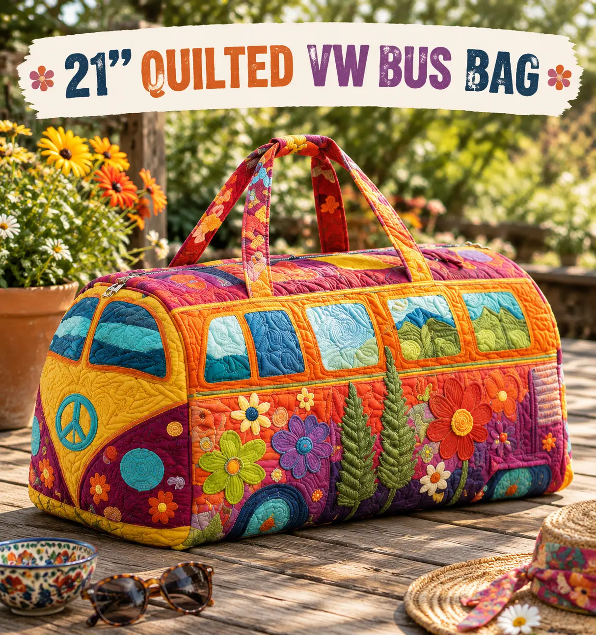 Unisex Boho Quilted Duffle Travel Bag - Retro Camper Van Bus Design, Cabin-Sized, Large Capacity, Lightweight Compact Carry-On, Zippered Shoulder Tote Purse for Vacation, Camping, Multicolor, 1Pc