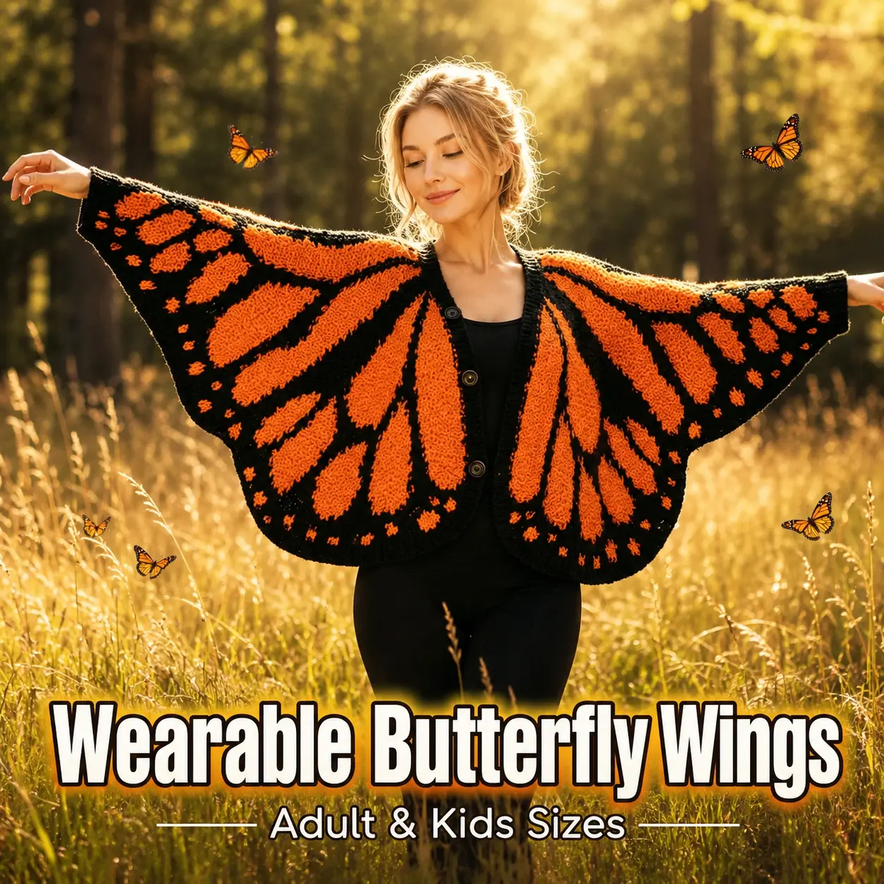 Monarch Butterfly Wing Cape Cardigan for Women & Kids, Oversized Knit Button Front Poncho Sweater, Halloween Costume Shawl