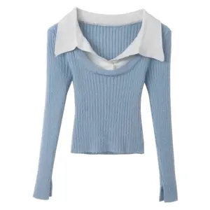 Baby Blue Fuzzy Sweater with Built-in Collar for Women Blouses Womenswear-=%2=-=%2=-=%2= shirt=%2= casual shirt casual