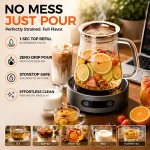 No-Spill Glass Teapot with Precision Strainer Lid, Stovetop Safe Borosilicate Brewer for Tea, Fruit Tea, Coffee & More