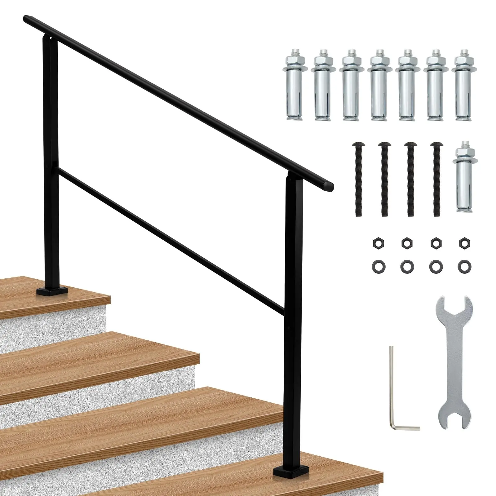 YJ-Garvee Adjustable 3 Steps Outdoor Handrails, 1 pcs 43x39 Inches, Heavy Duty Metal Railings, Weather Resistant and Safety Guardrail for Deck, Porch, and Stairs with Easy Installation,Black