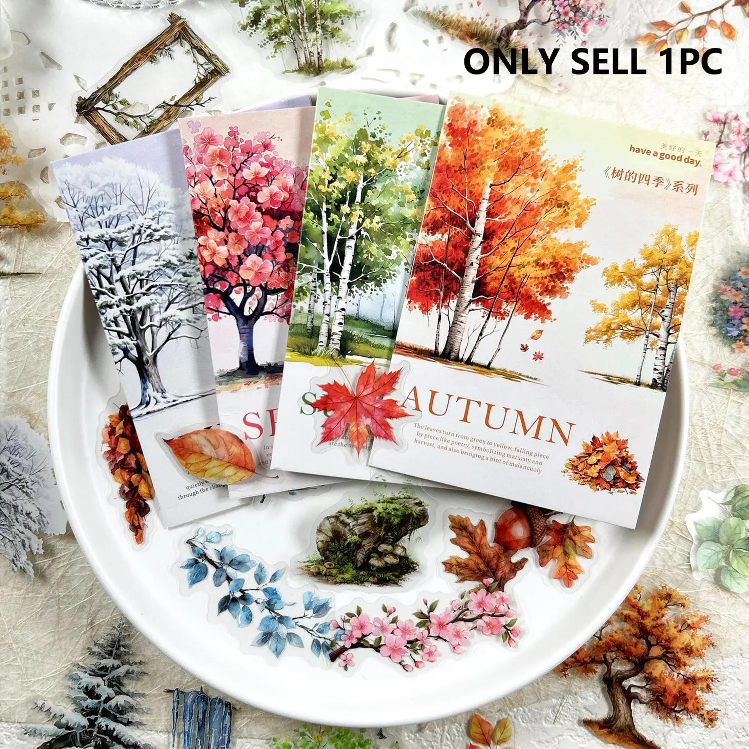 Vintage Tree Four Seasons Series Stickers Pack of 50, Handmade DIY Scrapbook Decoration, Scrapbooking Stickers, Crafts, Album Cutout Paper Decorations, Decorative Stickers, Decorative Decal