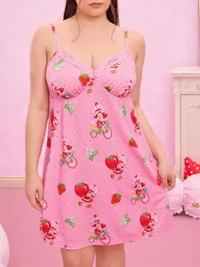 Strawberry Shortcake Plus Size Summer Strawberry Print Contrast Lace Camisole Sleepwear Dress Plus Size Nightgown Women Strawberry Pajama Set Sleep Dress Strawberry Dress Women Winter Clothes For Women Pink Dress