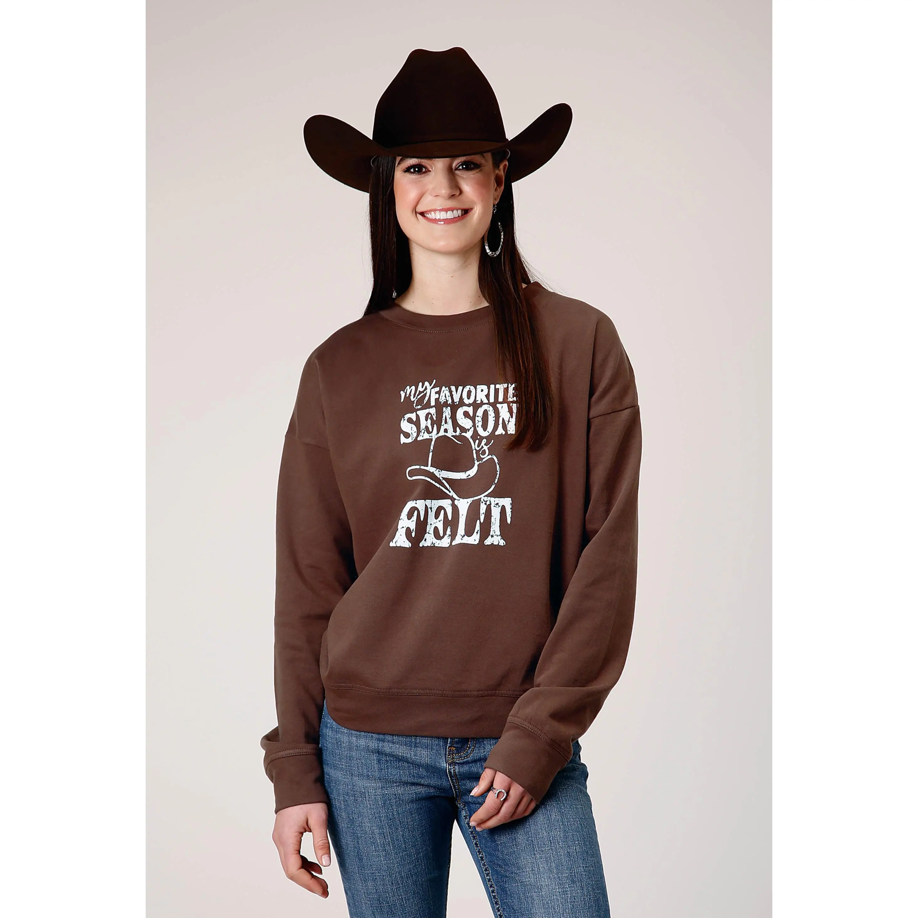 Womens Long Sleeve Dark Brown Cotton Fleece Top With Crew Neck Screen Print