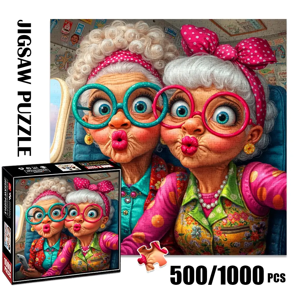 1pc 1000 piece adult puzzle 58x58cm Two Elderly Ladies with Big - Rimmed Glasses Making Kissy Faces 500 pieces Colorful paper jigsaw puzzle suitable for DIY creative games, Crafts for adults and families, birthday Art Puzzles Gift