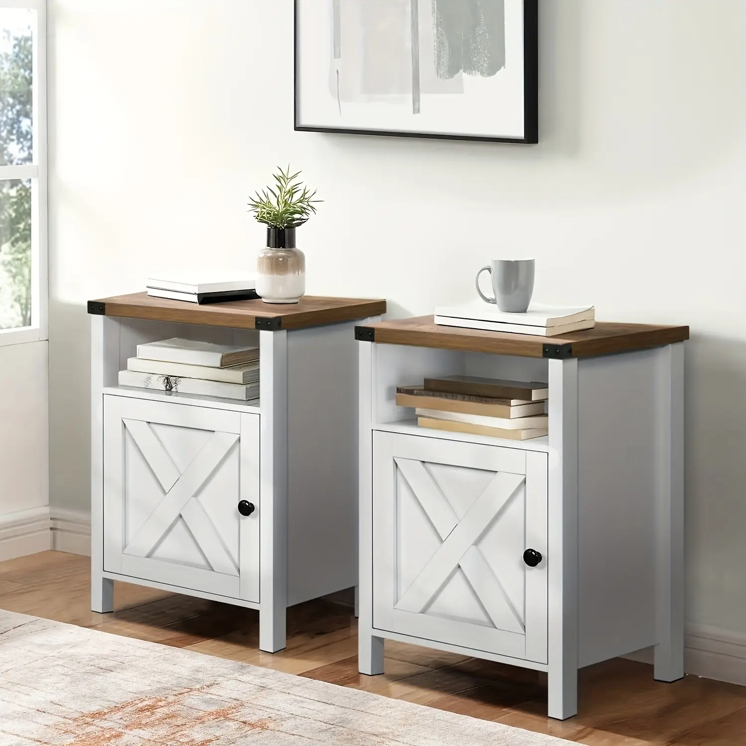Rustic Modern Farmhouse End Table - 1/2 Pack Compact Wooden Top Bedside Table with Barn Door, Storage Shelf, Narrow Entryway Organizer for Bedroom, Living Room (White)