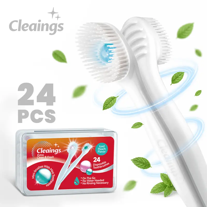 Cleaings 4-in-1 Portable Mini Brushes Set with Toothpaste Toothbrush Toothpick & Tongue Scraper Mint Flavor 24 Count  Oral Peach Capsule Pack sikat